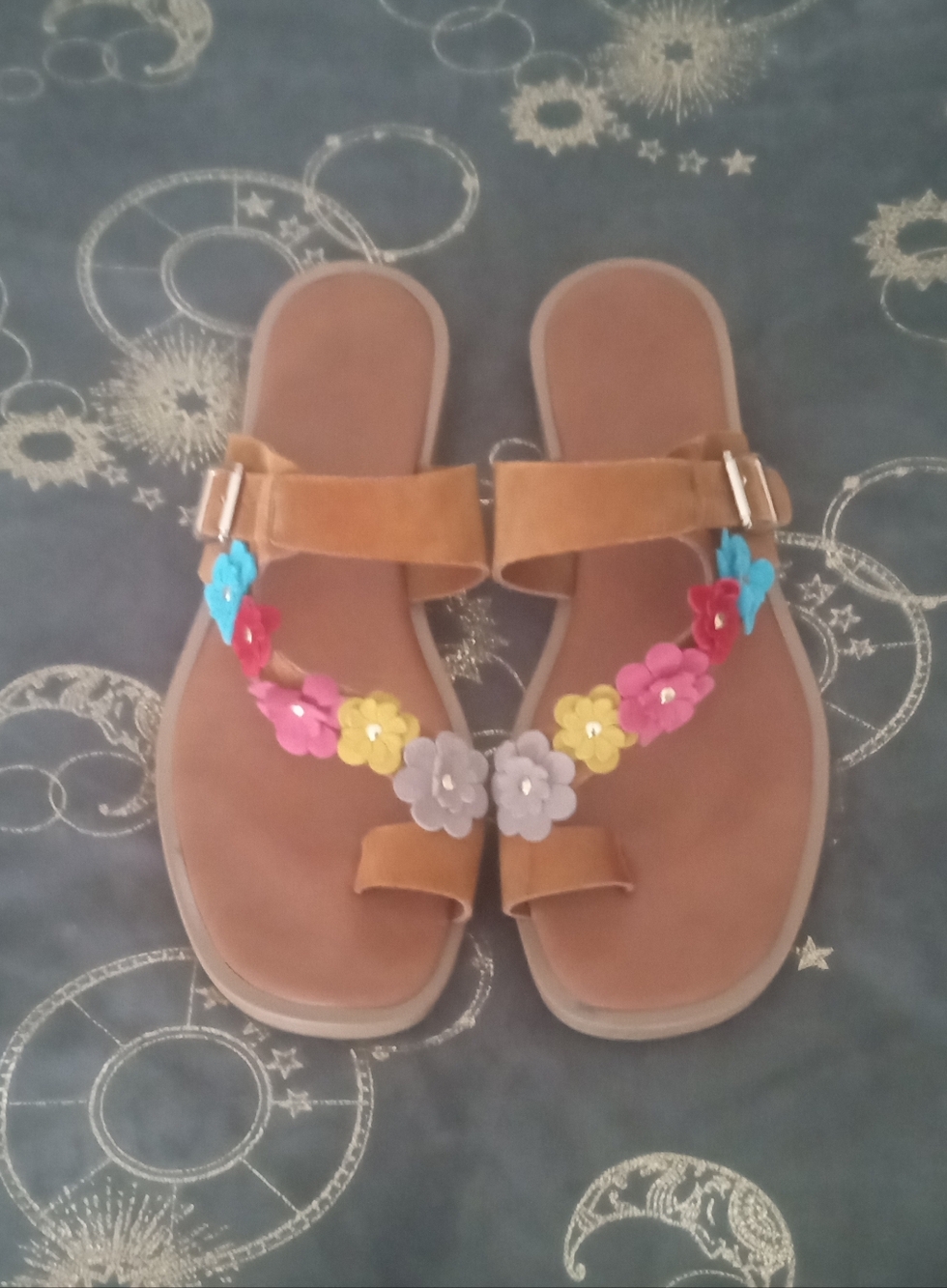 Italian Brown Floral Strap Sandals with Multicolor Flowers Size 38 (7.5 US)
